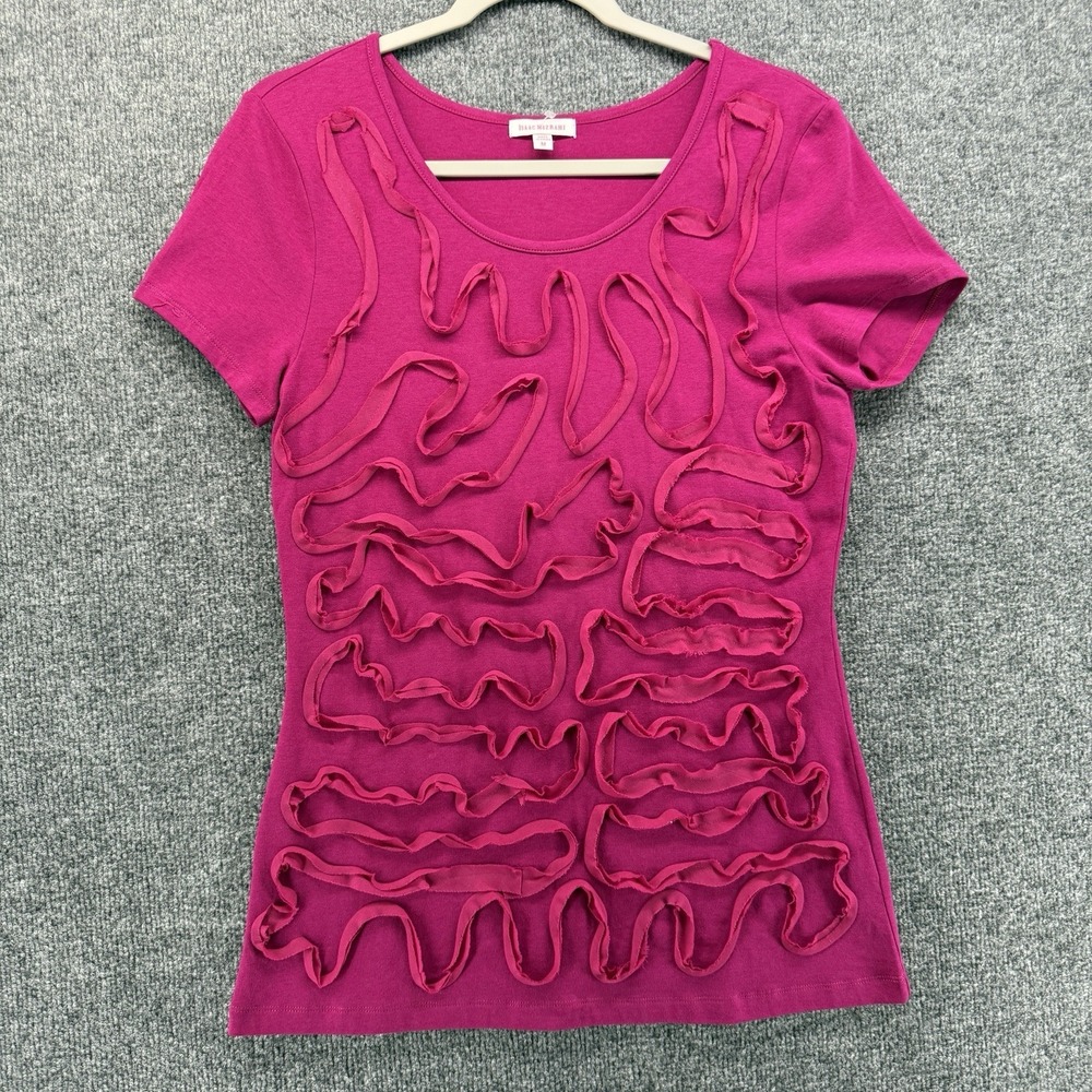 Isaac Mizrahi Top Womens M Purple Abstract Ruffle Short Sleeve Artsy Casual